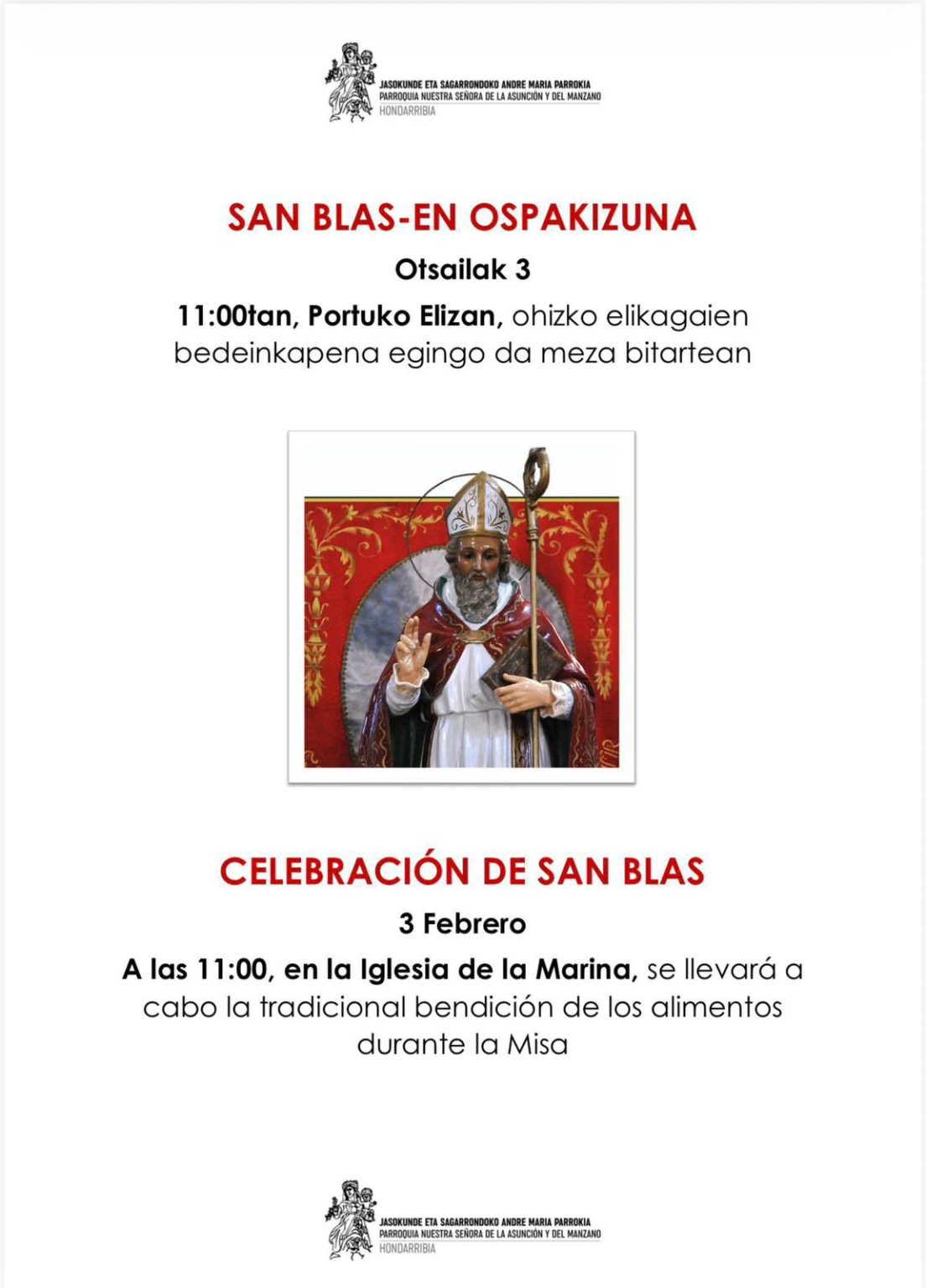 Celebración de San Blas 2026 | Nuestra Señora de la Asunción y del Manzano